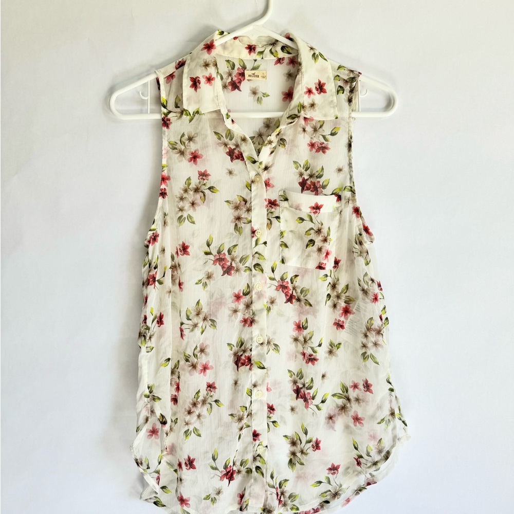 Floral Sheer Sleeveless Blouse - White and Pink